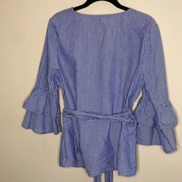 BEACH Lunch Lounge Collection Cotton Faux Wrap Shirt SzM Blue White Pin Stripe - Picture 2 of 16